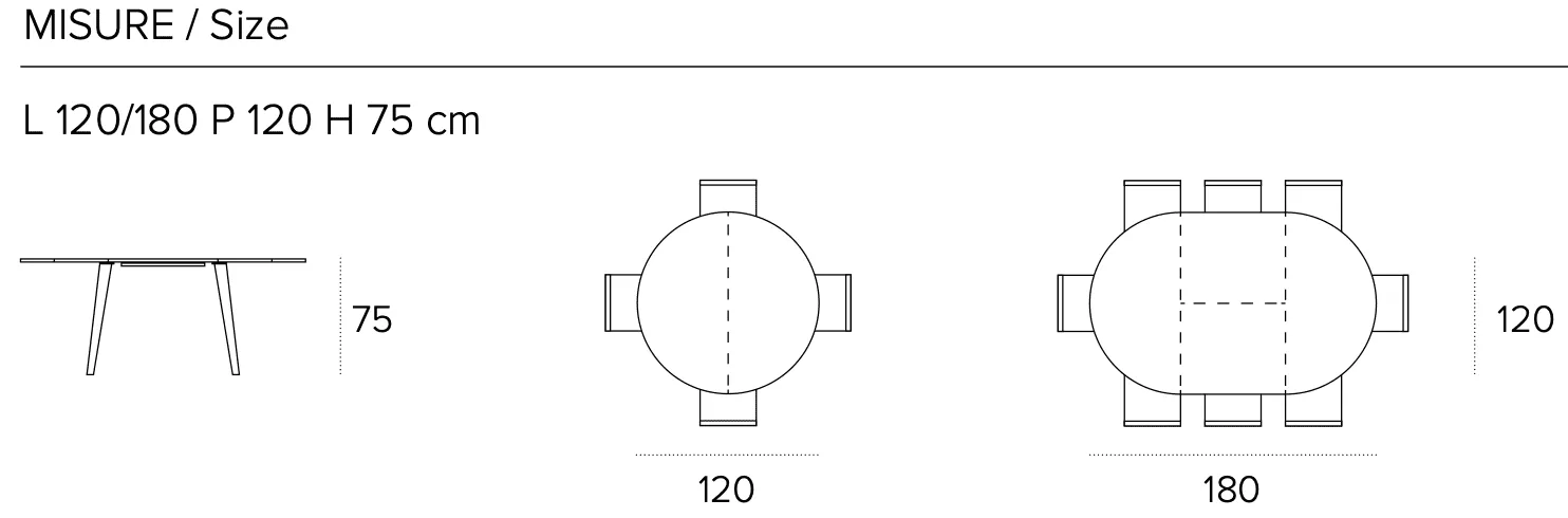 Размеры стола Target Point Aiace 120(180)X120 см, TA1E1 Размеры стола Target Point Aiace 120(180)X120 см, TA1E1